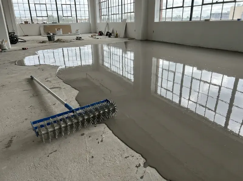 Verse egalisatielaag uitgegoten op een betonvloer in een lege kantoorruimte, met de spijkerrol ernaast