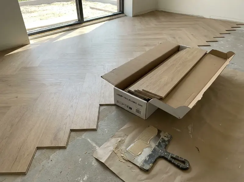Pvc-stroken met houtlook gelegd in visgraat in een receptieruimte, met een kist stroken open op de vloer